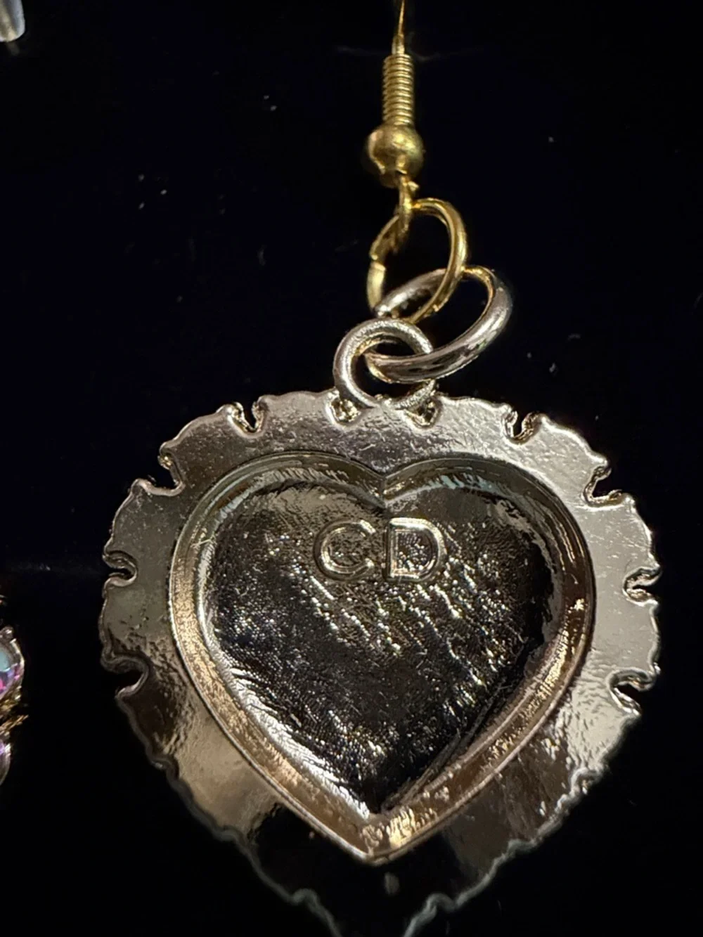 Dior Rose Gold Heart Drop Earrings with Iridescent Pink Crystals - Picture 3 of 4